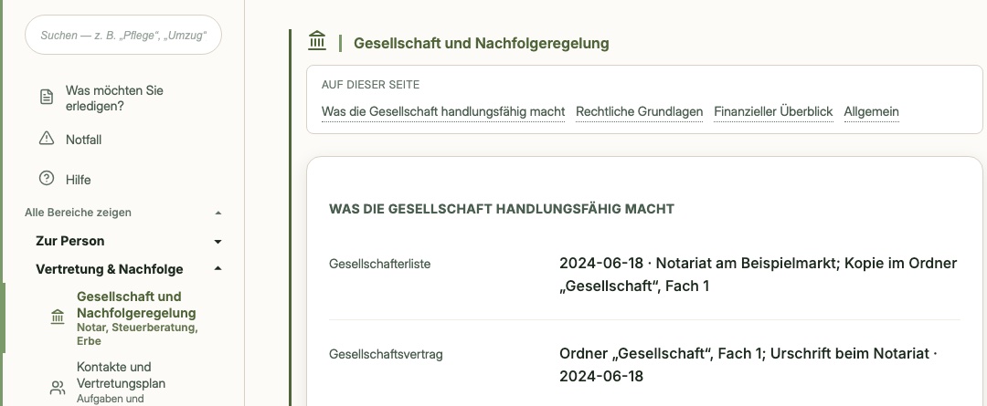 Vivodepot Pro, Bereich Gesellschaft und Nachfolgeregelung, mit Gesellschafterliste, Gesellschaftsvertrag, Nachfolgeklausel und Notar